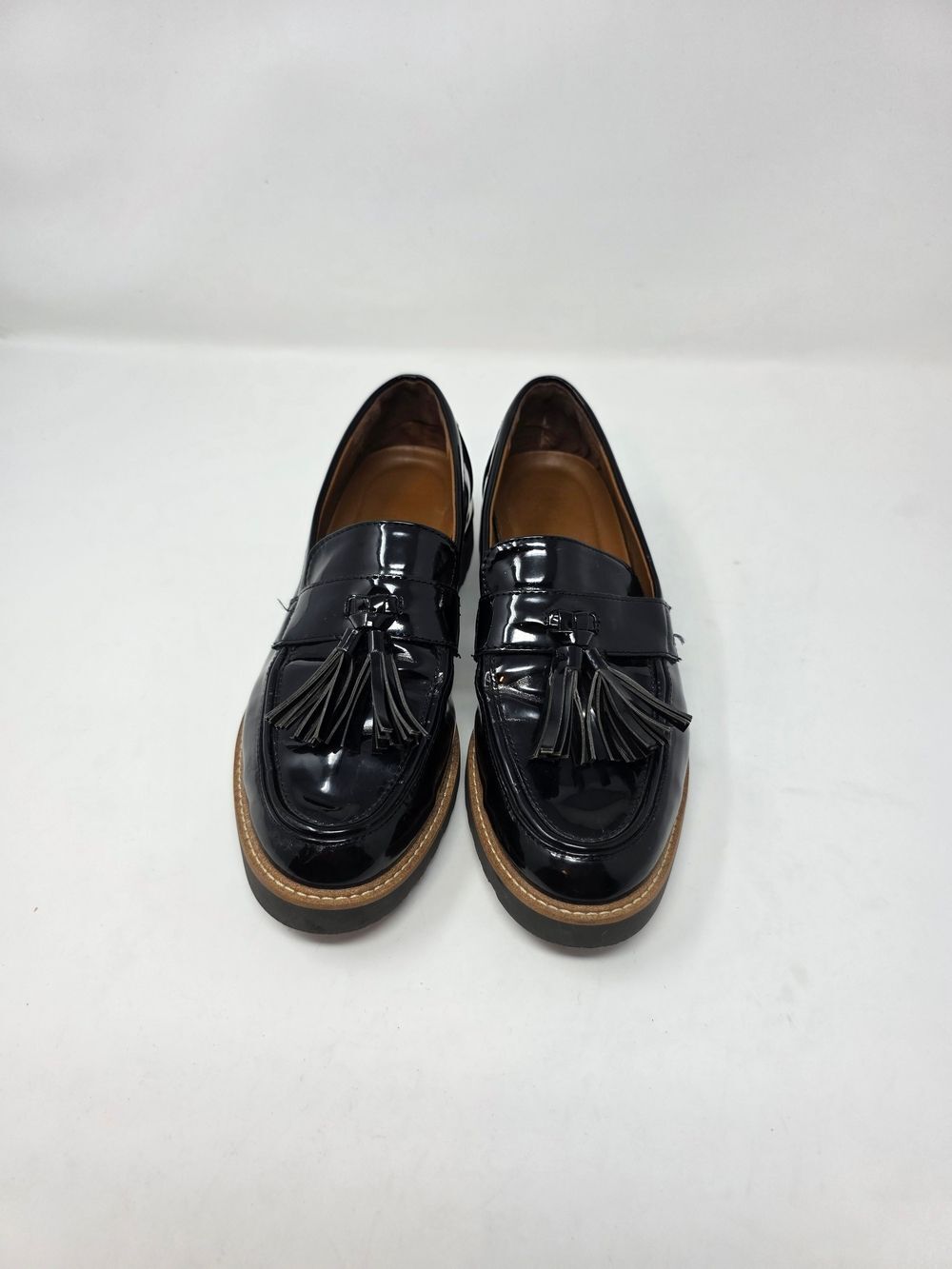 Franco Sarto Black Patent Tassel Loafers Lug Sole